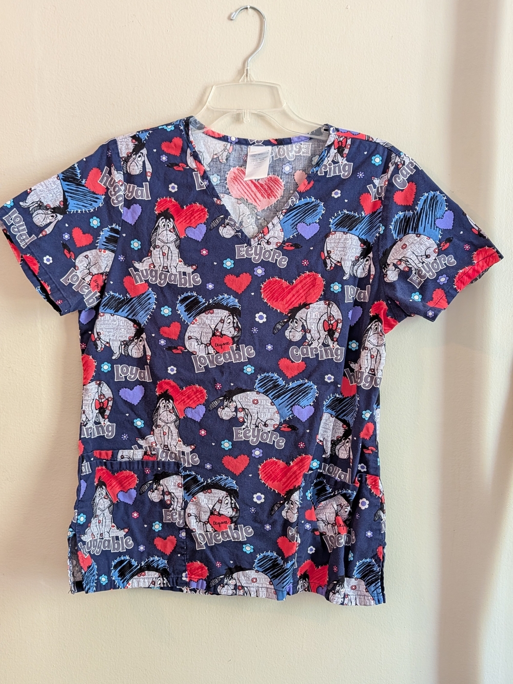 Navy Blue Eeyore Printed Scrub Top Winnie The Pooh Disney Small Heart